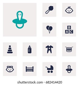 Set Of 12 Baby Icons Set.Collection Of Cot, Smock, Barrel And Other Elements.