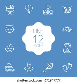 Set Of 12 Baby Outline Icons Set.Collection Of Footprints, Rattles, Drum And Other Elements.