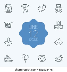 Set Of 12 Baby Outline Icons Set.Collection Of Baby, Clockwork Car, Boy And Other Elements.