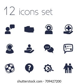 Set Of 12 Backing Icons Set.Collection Of Support , Friendship, Hand Elements.