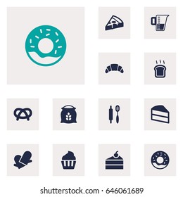 Set Of 12 Bakery Icons Set.Collection Of Potholders, Whisk, Pastry And Other Elements.