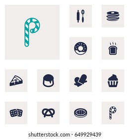 Set Of 12 Bakery Icons Set.Collection Of Slice Bread, Potholders, Muffin And Other Elements.