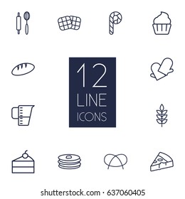 Set Of 12 Bakery Outline Icons Set.Collection Of Rolling Pin, Measuring Cup, Waffle And Other Elements.