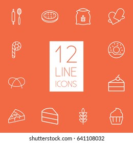 Set Of 12 Bakery Outline Icons Set.Collection Of Cupcake, Pizza, Wheat And Other Elements.