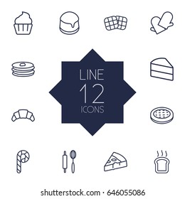 Set Of 12 Bakery Outline Icons Set.Collection Of Gloves, Rolling Pin, Pudding And Other Elements.