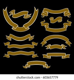 Set of 12 banner banners in a classic retro style on a black background. Ribbons with a white outline are easily editable. vector.