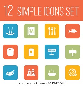 Set Of 12 Bar Icons Set.Collection Of Silverware, Baguette, Alcohol And Other Elements.