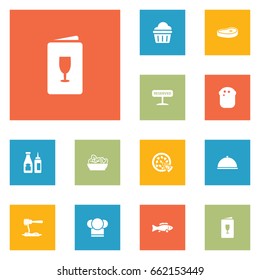 Set Of 12 Bar Icons Set.Collection Of Tray, Meat, Registered And Other Elements.