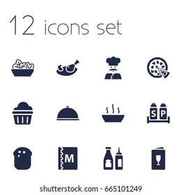 Set Of 12 Bar Icons Set.Collection Of Grill, Cook, Condiments And Other Elements.