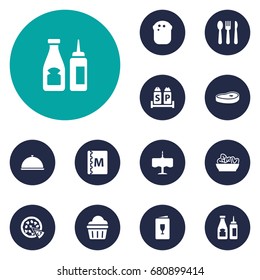 Set Of 12 Bar Icons Set.Collection Of Meat, Tray, Condiments And Other Elements.