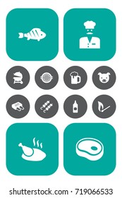 Set Of 12 Barbecue Icons Set.Collection Of Ale, Chef, Barbecue And Other Elements.