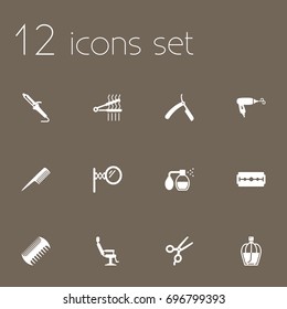 Set Of 12 Barber Icons Set.Collection Of Looking-Glass, Hairbrush, Deodorant And Other Elements.