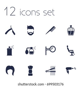 Set Of 12 Barber Icons Set.Collection Of Elbow Chair, Hairstyle, Deodorant And Other Elements.