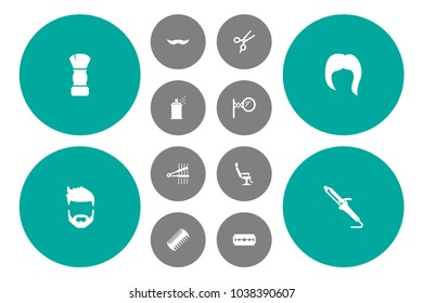 Set of 12 barbershop icons set. Collection of moustache, scissors, scallop and other elements.