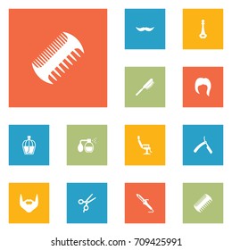 Set Of 12 Barbershop Icons Set.Collection Of Elbow Chair, Blade, Hipster And Other Elements.