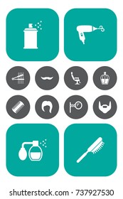 Set Of 12 Barbershop Icons Set.Collection Of Hairspray, Perfume, Deodorant And Other Elements.