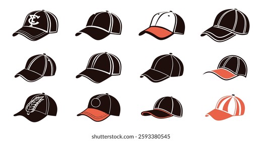 A set of 12 baseball silhouette caps