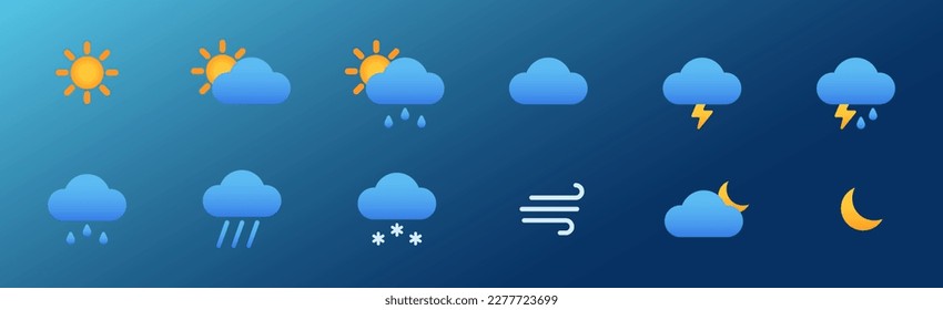 Set of 12 basic weather icons with gradient colors. Can be used for web, apps, stickers. Isolated vector illustration.