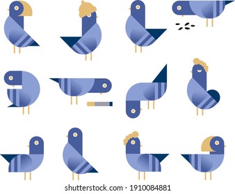 set of 12 Bauhaus-style pigeons