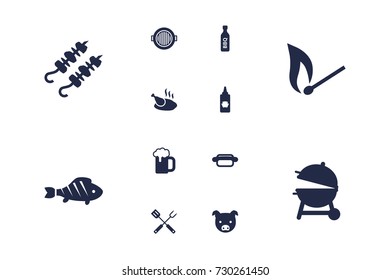 Set Of 12 Bbq Icons Set.Collection Of Grill Top View, Swine, Kebab And Other Elements.