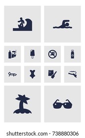Set Of 12 Beach Icons Set.Collection Of Game, Diver Equipment, Eyeglasses And Other Elements.