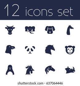 Set Of 12 Beast Icons Set.Collection Of Trunked Animal, Rooster, Camelopard And Other Elements.