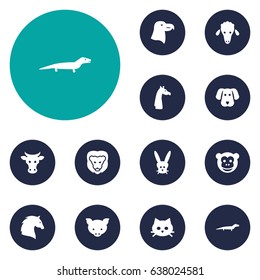 Set Of 12 Beast Icons Set.Collection Of Pussy, Ape, Hound And Other Elements.