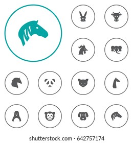 Set Of 12 Beast Icons Set.Collection Of Steed, Rooster, Bunny And Other Elements.