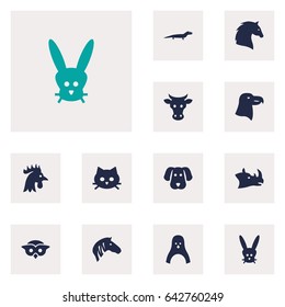 Set Of 12 Beast Icons Set.Collection Of Steed, Bunny, Night Fowl And Other Elements.