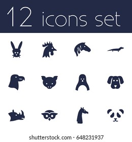 Set Of 12 Beast Icons Set.Collection Of Rooster, Rhinoceros, Aquila And Other Elements.