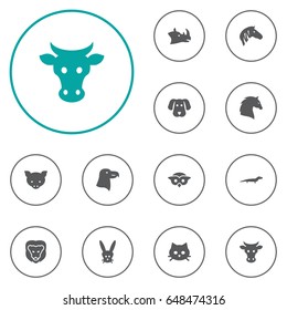 Set Of 12 Beast Icons Set.Collection Of Hound, Steed, Horse And Other Elements.