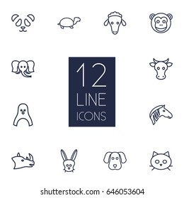 Set Of 12 Beast Outline Icons Set.Collection Of Dog, Cow, Penguin And Other Elements.