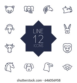 Set Of 12 Beast Outline Icons Set.Collection Of Lion, Sheep, Mammal And Other Elements.