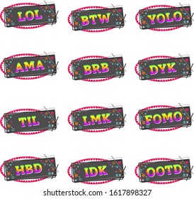 Set of 12 beautiful gradient text chat abbreviations for social media messages. Popular vector stock illustration internet acronym stickers. Conversation short words.