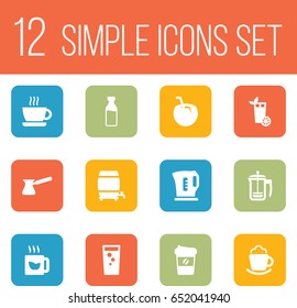 Set Of 12 Beverages Icons Set.Collection Of Espresso, Electric Teapot, Soda And Other Elements.