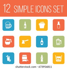 Set Of 12 Beverages Icons Set.Collection Of Lemonade, Teapot, Fizzy Water And Other Elements.