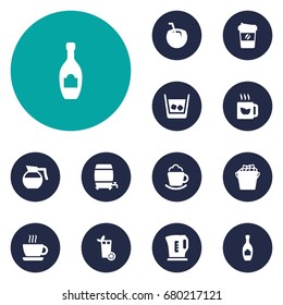 Set Of 12 Beverages Icons Set.Collection Of Teapot, Alcohol, Cognac And Other Elements.