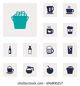 Set Of 12 Beverages Icons Set.Collection Of Espresso, Cream, Fridge And Other Elements.