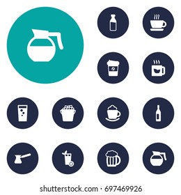 Set Of 12 Beverages Icons Set.Collection Of Turkish Coffee, Cream, Milk Glass And Other Elements.