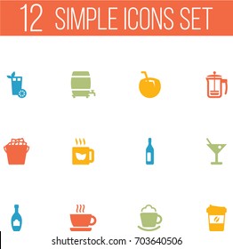 Set Of 12 Beverages Icons Set.Collection Of Cup, Cream, Alcohol And Other Elements.