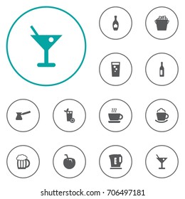 Set Of 12 Beverages Icons Set.Collection Of Wine, Fridge, Cup And Other Elements.