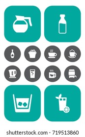 Set Of 12 Beverages Icons Set.Collection Of Cup, Lemonade, Cognac And Other Elements.