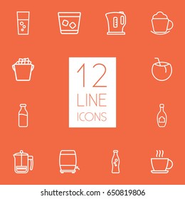 Set Of 12 Beverages Outline Icons Set.Collection Of Ice, Ice Bucket, French Press And Other Elements.