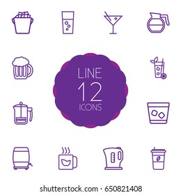 Set Of 12 Beverages Outline Icons Set.Collection Of Ice, Lime, Beer And Other Elements.