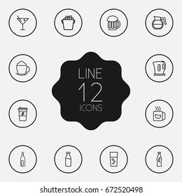 Set Of 12 Beverages Outline Icons Set.Collection Of Ice Bucket, Mug, Soda And Other Elements.