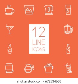 Set Of 12 Beverages Outline Icons Set.Collection Of Hot Drink, Coffeepot, Champagne And Other Elements.