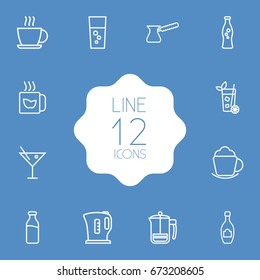 Set Of 12 Beverages Outline Icons Set.Collection Of Kettle, Coffee, Cocktail And Other Elements.