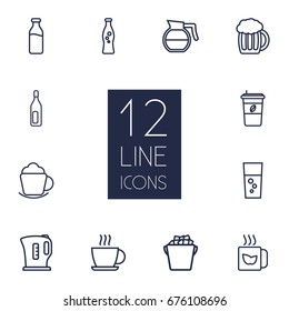 Set Of 12 Beverages Outline Icons Set.Collection Of Coffeepot, Beer, Fizzy Water And Other Elements.