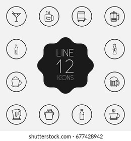 Set Of 12 Beverages Outline Icons Set.Collection Of Hot Drink, Kettle, Mug And Other Elements.
