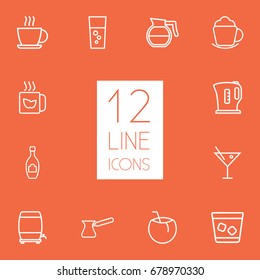 Set Of 12 Beverages Outline Icons Set.Collection Of Champagne, Fizzy Water, Coffee And Other Elements.